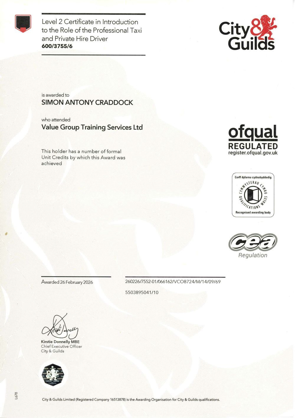 City and Guilds Level 2 certificate issued to Simon Craddock