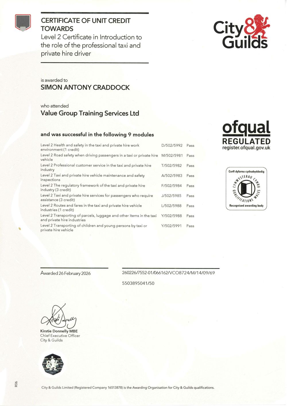 City and Guilds certificate of unit credit issued to Simon Craddock