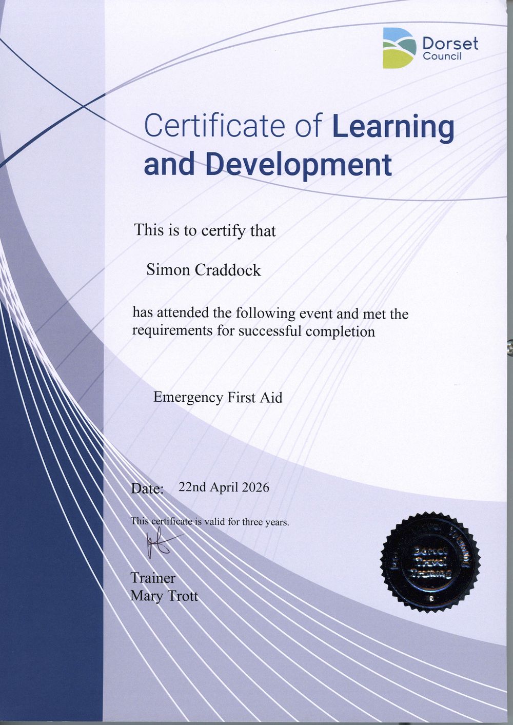 Dorset Council emergency first aid certificate