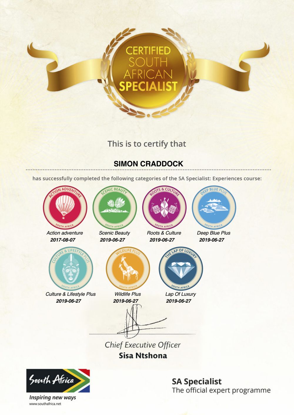 South Africa specialist certificate listing nine completed categories
