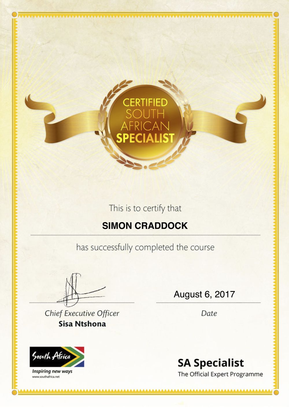 Certified South African Specialist certificate